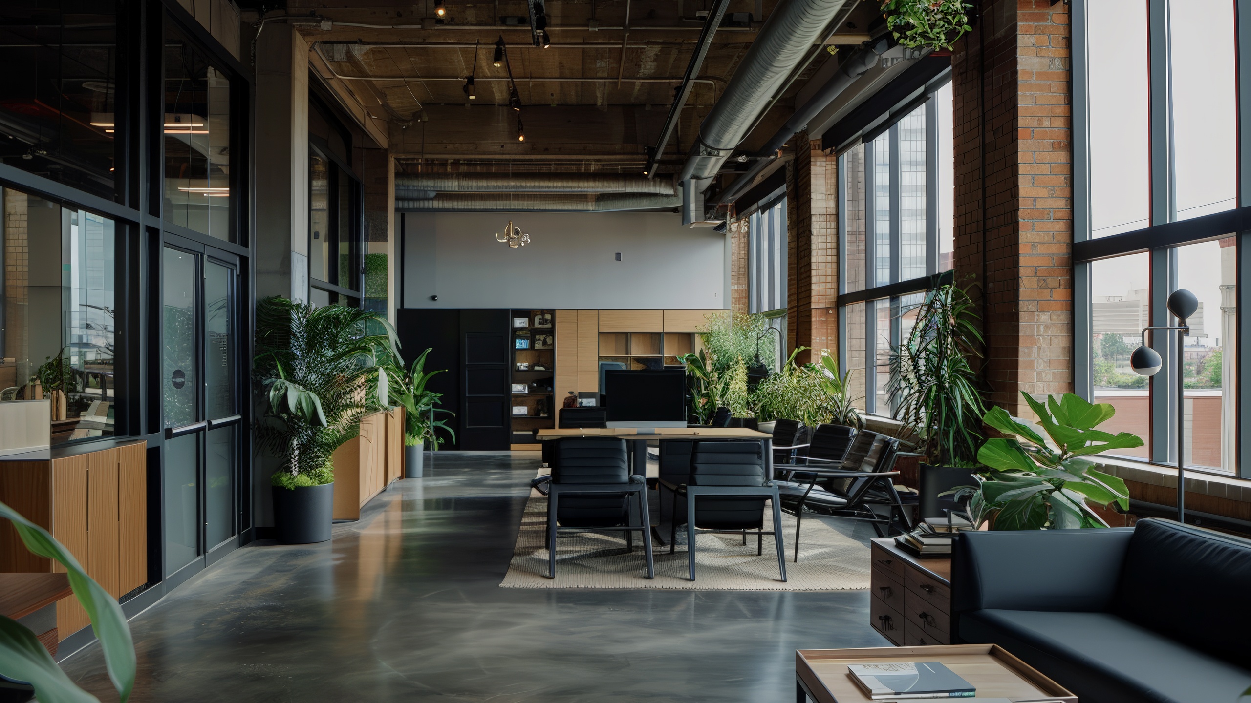 A modern workspace with bright natural lighting, tasteful greenery, open layout, and comfortable seating highlighting clean, minimalist design.